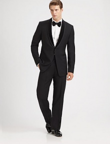 A modern approach to a formal wear favorite, tailored in superior wool with velvet trim. Dry Clean. Made in Italy.JACKETOne-button frontShawl collarChest, waist welt pocketsFour button detail at cuffAbout 28 from shoulder to hemPANTFlat front styleSide slash, back welt pocketsInseam, about 32 A modern approach to a formal wear favorite, tailored in superior wool with velvet trim. Dry Clean. Made in Italy.JACKETOne-button frontShawl collarChest, waist welt pocketsFour button detail at cuffAbout 28 from shoulder to hemPANTFlat front styleSide slash, back welt pocketsInseam, about 32