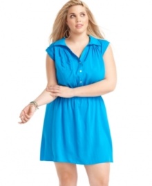 Looking super-cute is a cinch with L8ter's sleeveless plus size shirtdress, accentuated by a banded waist.