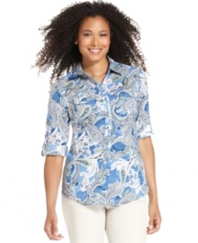 A paisley print prettifies Karen Scott's petite button-down shirt. Pair it with your favorite trousers for a complete ensemble.