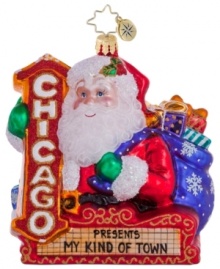 Santa does some sightseeing as he's circling the globe, stopping in at the Chicago Theater in this handcrafted ornament from Christopher Radko. Now showing: My Kind of Town.