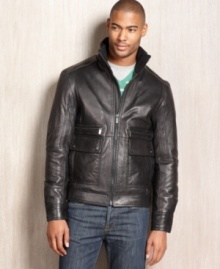 Cool will come easy in this sleek leather jacket from Michael Kors.