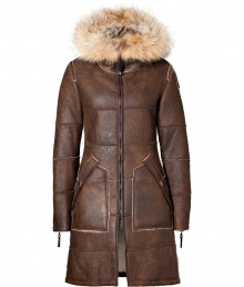 A chic alternative to the classic down coat, this supple leather and shearling take brings heightened style to your new season look - Fur-lined hood, stand collar, front zip closure, long sleeves with zip cuffs, patch pockets, patchwork paneling - Fitted silhouette - Style with skinny jeans, an oversized cashmere sweater, and over-the-knee boots A chic alternative to the classic down coat, this supple leather and shearling take brings heightened style to your new season look - Fur-lined hood, stand collar, front zip closure, long sleeves with zip cuffs, patch pockets, patchwork paneling - Fitted silhouette - Style with skinny jeans, an oversized cashmere sweater, and over-the-knee boots
