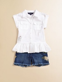 Shoulder epaulets and bellow pockets give a utility feel to this modern knit for fun summer style.Pointed collarShort sleeves with roll-tab cuffsFront buttonButton-through bellow pocketsRuffled hemCottonMachine washImported Please note: Number of buttons may vary depending on size ordered. Shoulder epaulets and bellow pockets give a utility feel to this modern knit for fun summer style.Pointed collarShort sleeves with roll-tab cuffsFront buttonButton-through bellow pocketsRuffled hemCottonMachine washImported Please note: Number of buttons may vary depending on size ordered.