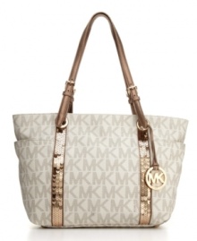 Get rich quick: this chic, polished signature tote from MICHAEL Michael Kors features glam bands of gold sequins and an 18K gold logo charm. Get rich quick: this chic, polished signature tote from MICHAEL Michael Kors features glam bands of gold sequins and an 18K gold logo charm.