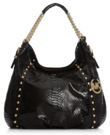 A laid-back silhouette gets a posh upgrade in python-embossed patent leather with glam, golden hardware. Demure chain-link straps play perfectly against the edgy stud accents, while the spacious interior features plenty of pockets for the essentials that need safekeeping. A laid-back silhouette gets a posh upgrade in python-embossed patent leather with glam, golden hardware. Demure chain-link straps play perfectly against the edgy stud accents, while the spacious interior features plenty of pockets for the essentials that need safekeeping.