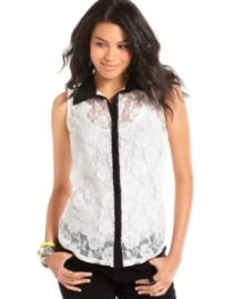 Incorporate lace into your trove of charming tops with this sleeveless button-down style from Pretty Rebellious. A contrast-color placket and collar lends chic, tuxedo-like style. Incorporate lace into your trove of charming tops with this sleeveless button-down style from Pretty Rebellious. A contrast-color placket and collar lends chic, tuxedo-like style.
