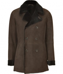 Bring luxe appeal to any look with this ultra-stylish double-breasted shearling coat from Etro - Large spread collar, double-breasted silhouette, front button placket, long sleeves with turned up cuffs, slit pockets at waist slim tailored fit - Pair with jeans and a pullover, a slim suit, or chinos and a henley Bring luxe appeal to any look with this ultra-stylish double-breasted shearling coat from Etro - Large spread collar, double-breasted silhouette, front button placket, long sleeves with turned up cuffs, slit pockets at waist slim tailored fit - Pair with jeans and a pullover, a slim suit, or chinos and a henley
