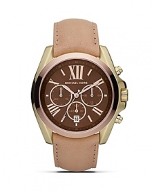 An elegant choice on duty or off. This two-tone watch from MICHAEL Michael Kors boasts a boldly sized face, roman numeral indexes and a distinctive leather strap.