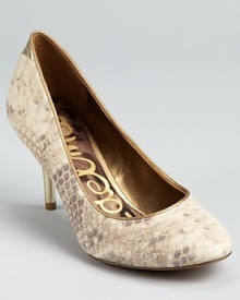 Make a sauntering entrance in these slithering Sam Edelman pumps, showcasing a snakeskin print with metallic accents.