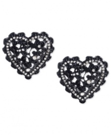 Listen to your heart. This pair of stud earrings from Betsey Johnson evoke a classic feel with its filigree pattern. Crafted from black-plated mixed metal with glass crystal accents adding a lustrous touch. Approximate drop: 3/4 inch.