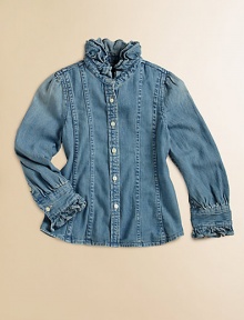 An easy, casual shirt of classic cotton denim is adorned with girlie ruffles and shaping seams for a tailored look.Ruffled stand collarLong puffed sleeves with ruffle-trimmed barrel cuffsButton-frontFront and back princess seamingCottonMachine washImported Please note: Number of buttons may vary depending on size ordered. An easy, casual shirt of classic cotton denim is adorned with girlie ruffles and shaping seams for a tailored look.Ruffled stand collarLong puffed sleeves with ruffle-trimmed barrel cuffsButton-frontFront and back princess seamingCottonMachine washImported Please note: Number of buttons may vary depending on size ordered.