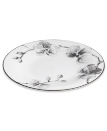 Compose a striking arrangement with the Black Orchid tidbit plate by Michael Aram. Fine white Limoges porcelain flourishes under a dark watercolor motif inspired by foliage from around the world. Compose a striking arrangement with the Black Orchid tidbit plate by Michael Aram. Fine white Limoges porcelain flourishes under a dark watercolor motif inspired by foliage from around the world.