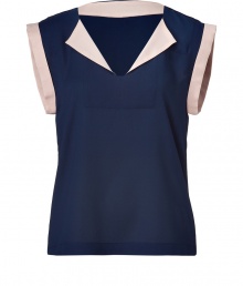 Elegant top in fine, pure navy blue silk - Ultra-soft, lightweight crepe fabric drapes beautifully - Chic, eye-catching nude trim - Slim, straight cut, hem hangs slightly longer in the back - V-neck with small collar and short, wide sleeves - Polished and versatile, seamlessly transitions from work to weekend - Pair with suit trousers, or a pencil or pleated skirt