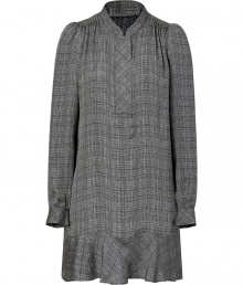 Super feminine and finished with a modern dainty navy plaid, Vanessa Brunos silk tunic-style dress is a must for contemporary-cool looks - Short stand-up collar, puffed long sleeves, gathered shoulders, buttoned cuffs, partial button-down front, ruffled hemline, relaxed fit - Pair with opaque tights and chic ankle boots for work