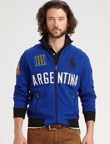 Sport your support of Argentina in a full-zip pieced fleece jacket with bold color-blocking, a snow polo crest and Ralph Lauren's embroidered Big Pony for a signature finish.Zip frontStand collarSide zip pocketsBanded cuffs and hem67% cotton/33% polyesterMachine washImported Sport your support of Argentina in a full-zip pieced fleece jacket with bold color-blocking, a snow polo crest and Ralph Lauren's embroidered Big Pony for a signature finish.Zip frontStand collarSide zip pocketsBanded cuffs and hem67% cotton/33% polyesterMachine washImported
