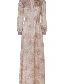 Ultra-chic vanilla belted maxi-dress by Raoul - With a stylish throwback appeal, this printed maxi makes a statement - Printed silk, floor length, tie belt, button front placket, micro pleat detail - Style with a fur vest and peep-toe platforms