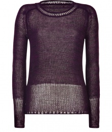 Lovely knit sweater in soft violet alpaca-wool blend - Large stitching creates a feminine transparent look - Slims, slightly tailored cut with decorative crew neckline, long, raglan sleeves and a curved hem at back - Pair with jeans or skirts at work or for play