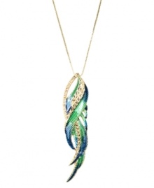 Fine-feathered fashion. RACHEL Rachel Roy's vivacious pendant is a fashionista's dream, with a trendy long chain and bright blue and green glass accents. Set in gold-plated mixed metal. Approximate length: 30 inches. Approximate drop: 3-1/2 inches. Fine-feathered fashion. RACHEL Rachel Roy's vivacious pendant is a fashionista's dream, with a trendy long chain and bright blue and green glass accents. Set in gold-plated mixed metal. Approximate length: 30 inches. Approximate drop: 3-1/2 inches.