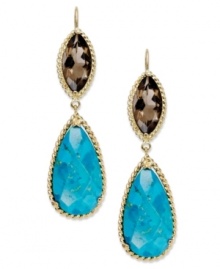 Adorn yourself with playful shapes and brilliant color. These pretty drop earrings highlight pear-cut turquoise (14 ct. t.w.) and marquise-cut smokey topaz (5-1/2 ct. t.w.) in 14k gold. Approximate drop: 1-3/4 inches. Adorn yourself with playful shapes and brilliant color. These pretty drop earrings highlight pear-cut turquoise (14 ct. t.w.) and marquise-cut smokey topaz (5-1/2 ct. t.w.) in 14k gold. Approximate drop: 1-3/4 inches.