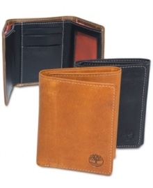 Good looking distressed style trifold wallet by Timberland is not bulky and fits and feels nicely in your hand. Good looking distressed style trifold wallet by Timberland is not bulky and fits and feels nicely in your hand.