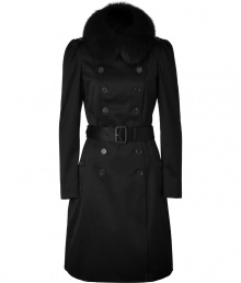 Cover up in luxe style with this fur-trimmed satin trench from Burberry London - Large fur collar, long sleeves, epaulets, front button placket, double-breasted, belted waist, flap pockets, buttoned back yoke, back vent - Wear with an elevated jeans-and-tee ensemble or a cocktail look