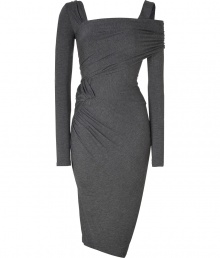 With its effortless cool asymmetrical cut and alluring figure-hugging jersey, Donna Karans draped dress is an ultra contemporary take on cocktail chic - Square neckline, one long sleeve, one thick strap with cut-out shoulder and long sleeve underneath, gathered tiered side detail, pull-over style - Form-fitting - Wear with streamlined accessories and statement sparkly jewelry