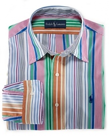 Tailored in a relaxed, classic fit from crisp cotton poplin, a long-sleeved sport shirt is given a handsome update with a vibrant, colorful striped pattern. Tailored in a relaxed, classic fit from crisp cotton poplin, a long-sleeved sport shirt is given a handsome update with a vibrant, colorful striped pattern.