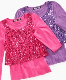 The look of a stylish layered outfit in a single sparkly top: Planet Gold long-sleeved tee with sequinned mesh tank top overlay attached in front. The look of a stylish layered outfit in a single sparkly top: Planet Gold long-sleeved tee with sequinned mesh tank top overlay attached in front.
