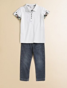 A basic stretch cotton polo is updated with check cuffs and button tabs on the shoulders.Polo collar Partial front button closure Short sleeves with check cuffs Shoulder button tabs 95% cotton/5% elastene Machine wash Imported Please note: Number of buttons may vary depending on size ordered. A basic stretch cotton polo is updated with check cuffs and button tabs on the shoulders.Polo collar Partial front button closure Short sleeves with check cuffs Shoulder button tabs 95% cotton/5% elastene Machine wash Imported Please note: Number of buttons may vary depending on size ordered.