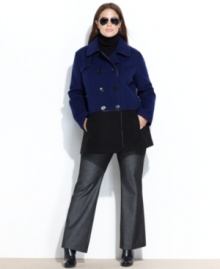 Perk up your look with this plus size colorblocked pea coat from Steve Madden--a classic silhouette with completely contemporary touches. Perk up your look with this plus size colorblocked pea coat from Steve Madden--a classic silhouette with completely contemporary touches.