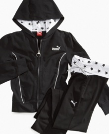 A fitted feel gives this hoodie from Puma a comfy feel and cute look, perfect for workouts. A fitted feel gives this hoodie from Puma a comfy feel and cute look, perfect for workouts.
