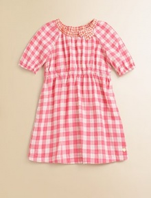 Rendered in pure cotton, this soft and sweet gingham print frock is perfect for school, play or a party.Ruched crewneck with bowShort puffed sleeves with elastic cuffsElastic waistShirttail hemCottonMachine washImported Rendered in pure cotton, this soft and sweet gingham print frock is perfect for school, play or a party.Ruched crewneck with bowShort puffed sleeves with elastic cuffsElastic waistShirttail hemCottonMachine washImported