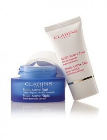 Early wrinkles stand corrected with two line-chasing treatments that help neutralize the harmful effects of fatigue, pollution and UV stress. Duo includes: Full-size Multi-Active Night Youth Recovery Cream and travel-size Multi-Active Day Early Wrinkle Correction Cream. Made in France. 