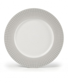 Shape up. A pattern of tiny squares gives the Mikasa Crisscross round platter a modern look and feel in resilient, everyday stoneware. Soothing gray and white tones mixing a matte and shiny finish add to its understated cool. Shape up. A pattern of tiny squares gives the Mikasa Crisscross round platter a modern look and feel in resilient, everyday stoneware. Soothing gray and white tones mixing a matte and shiny finish add to its understated cool.