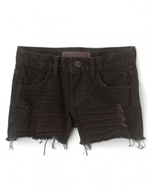 Distressed, cutoff-style shorts with raw hem. Distressed, cutoff-style shorts with raw hem.