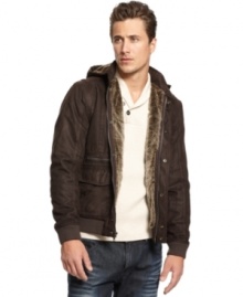 This handsome INC International Concepts jacket boasts a classic bomber style with faux fur details and a rich suede feel. This handsome INC International Concepts jacket boasts a classic bomber style with faux fur details and a rich suede feel.