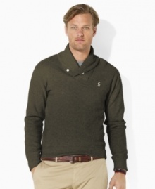 Combining the casual comfort of French-ribbed fleece with the polished refinement of a shawl collar, this essential pullover blends the best of both worlds for an utterly luxe look. Combining the casual comfort of French-ribbed fleece with the polished refinement of a shawl collar, this essential pullover blends the best of both worlds for an utterly luxe look.