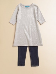 Delicate allover sequins add serious sparkle to this fine-knit style.Crewneck Three-quarter sleeves Allover sequins A-line silhouette Wool Dry clean Made in USA of imported fabric Delicate allover sequins add serious sparkle to this fine-knit style.Crewneck Three-quarter sleeves Allover sequins A-line silhouette Wool Dry clean Made in USA of imported fabric