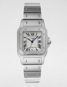 From the Santos de Cartier Collection. A modern rendition of one of the first ever wrist watches, this stainless steel timepiece is highly functional with an elegant and casual look. Quartz movementWater resistant to 3 ATMRectangular stainless steel case, 41.3mm (1.6) X 31.6mm (1.2)Screw accented bezelSilver grained dialRoman numeral hour markersDate display at 6 o'clockSecond hand Stainless steel link braceletMade in Switzerland From the Santos de Cartier Collection. A modern rendition of one of the first ever wrist watches, this stainless steel timepiece is highly functional with an elegant and casual look. Quartz movementWater resistant to 3 ATMRectangular stainless steel case, 41.3mm (1.6) X 31.6mm (1.2)Screw accented bezelSilver grained dialRoman numeral hour markersDate display at 6 o'clockSecond hand Stainless steel link braceletMade in Switzerland