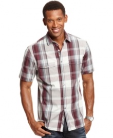 Paired with jeans or khakis, this plaid shirt from Alfani Red keeps your casual style cool.