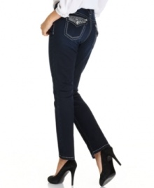 Seven7 puts a brilliant dark wash and embroidered flap pockets on a pair of slimming straight-leg petite jeans. Seven7 puts a brilliant dark wash and embroidered flap pockets on a pair of slimming straight-leg petite jeans.