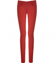 Skinny jeans in a fiery red modal-cotton blend - Classic five-pocket design features short zip fly and single-button closure - Flattering back pockets and subtle stretch create a sexy look - Pair with a silk blouse, over-sized cardigan and booties Skinny jeans in a fiery red modal-cotton blend - Classic five-pocket design features short zip fly and single-button closure - Flattering back pockets and subtle stretch create a sexy look - Pair with a silk blouse, over-sized cardigan and booties