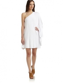 THE LOOKAsymmetrical necklineDraped single angel sleeveMini-dressPullover styleTHE FITAbout 33 from shoulder to hemTHE MATERIAL96% micromodal/4% Lycra spandexCARE & ORIGINHand washMade in USAModel shown is 5'10 (177cm) wearing US size Small. 