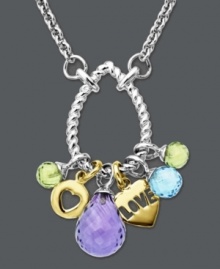 A new way to show your love, this lucky charm pendant says it all. Crafted in sterling silver, a textured ring features peridot (1-5/8 ct. t.w.), blue topaz (1-1/5 ct. t.w.), and amethyst (4-1/10 ct. t.w.) gemstones with 14k gold heart and love charms. Approximate length: 18 inches. Approximate drop: 8/10 inch. A new way to show your love, this lucky charm pendant says it all. Crafted in sterling silver, a textured ring features peridot (1-5/8 ct. t.w.), blue topaz (1-1/5 ct. t.w.), and amethyst (4-1/10 ct. t.w.) gemstones with 14k gold heart and love charms. Approximate length: 18 inches. Approximate drop: 8/10 inch.