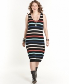 Score on-trend style with American Rag's sleeveless plus size sweater dress, spotlighting a striped pattern.