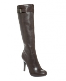 Sleek and sexy. Alfani's Jada dress boots feature a polished round toe and tall side zipper and are decorated with a shiny buckle at the top of the shaft. Sleek and sexy. Alfani's Jada dress boots feature a polished round toe and tall side zipper and are decorated with a shiny buckle at the top of the shaft.