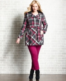 Look pretty in plaid with Dollhouse's plus size double-breasted coat, accentuated by a belted waist-- stay warm and stylish this season!