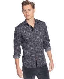 Fitted floral print shirt by Sons of Intrigue is fashionably trendy.