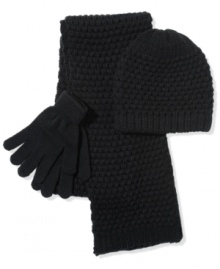 Get set for the season with this three-piece combination of hat, gloves and scarf from American Rag.