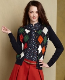 Update your look with a touch of preppy panache in Tommy Hilfiger's argyle and striped cardigan.